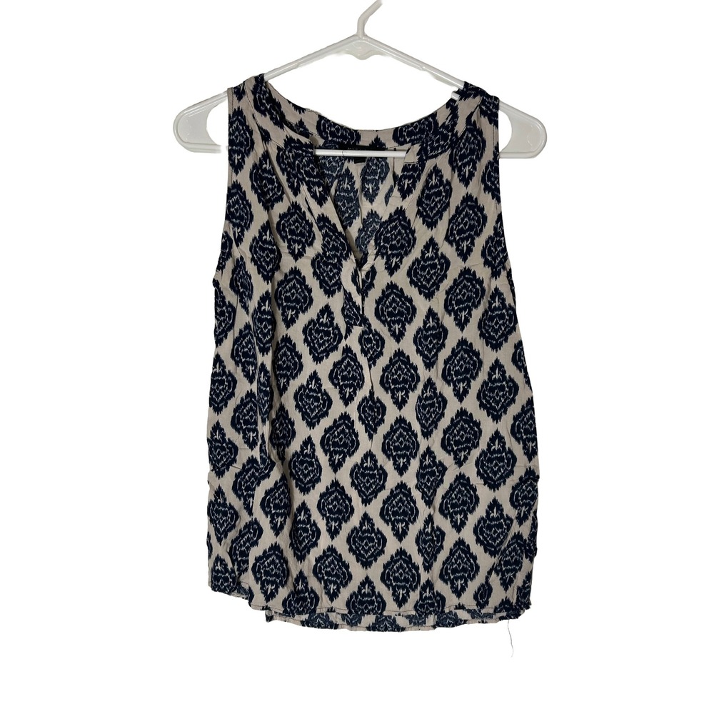 Anne Carson Womens Medium Navy Blue Cream Ikat Damask Print Rayon Sleeveless Top